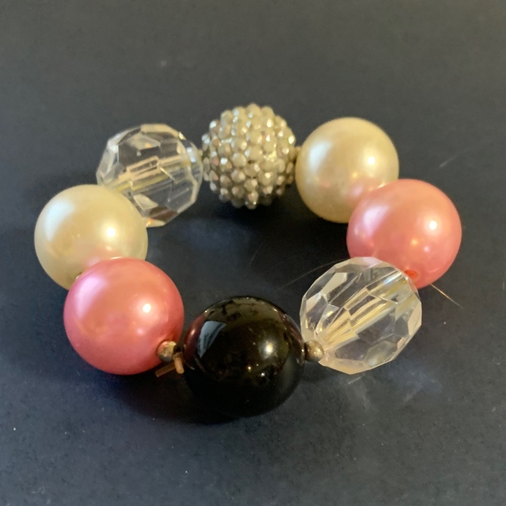 Multi-Color Beaded Stretch Bracelet - Pink, Black & Pearl Tones